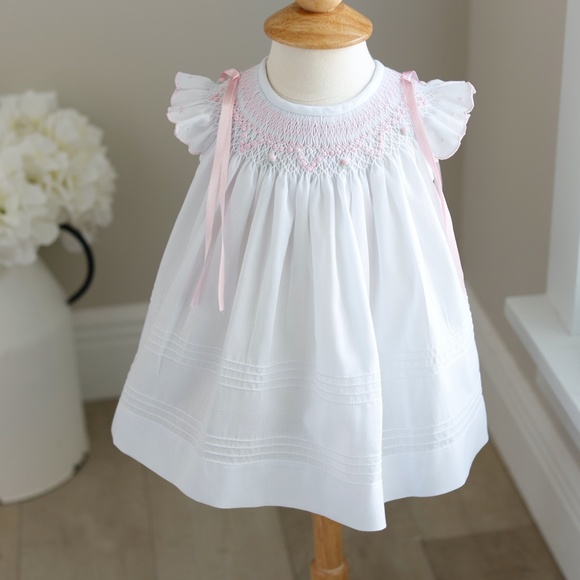 Newborn Smocked Dress White Pink Embroidery Will'beth Spring Portrait NWT - Picture 9 of 10